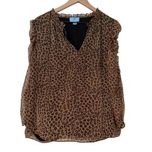 CeCe All Over Leopard Print Tan Brown Flowy Relaxed Long Sleeve Blouse Size M